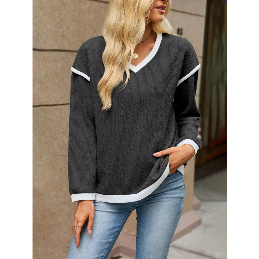 Casual V-Neck Dropped Shoulder Sweater Apparel and Accessories