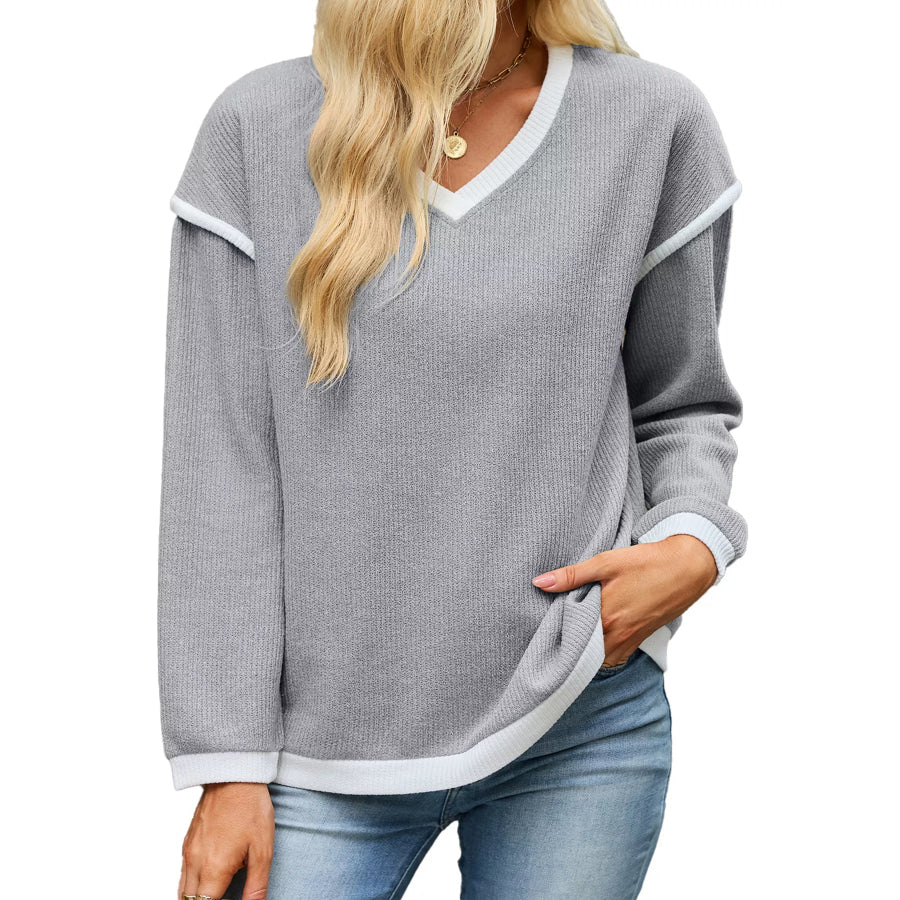 Casual V-Neck Dropped Shoulder Sweater Gray / S Apparel and Accessories