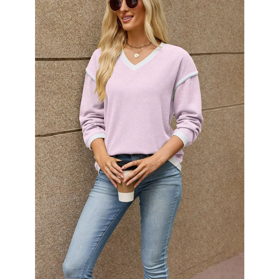 Casual V-Neck Dropped Shoulder Sweater Pink / S Apparel and Accessories