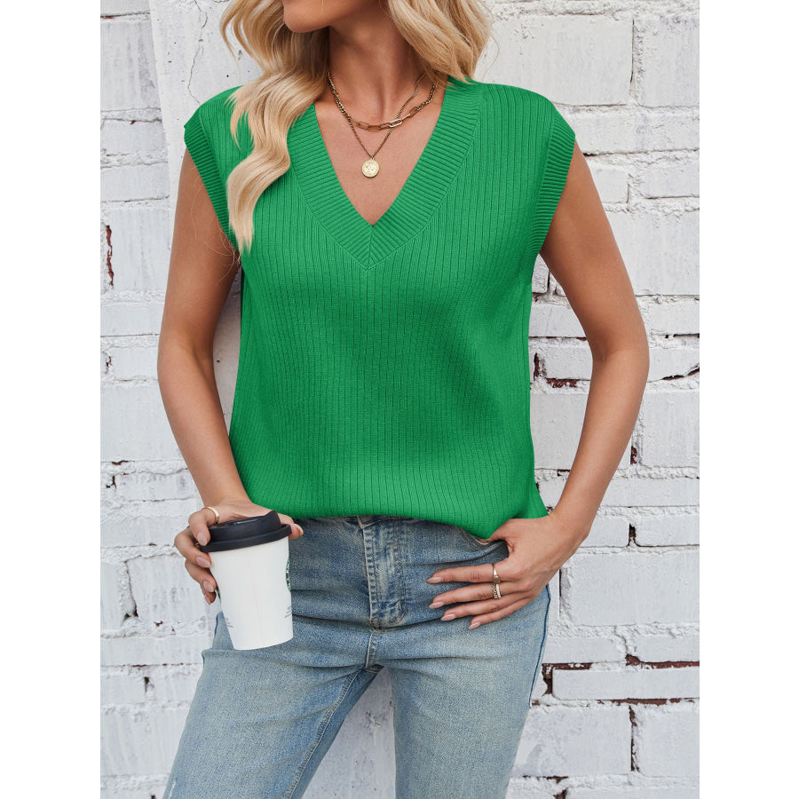 Casual V-Neck Knitted Sweater Vest Green / S Apparel and Accessories