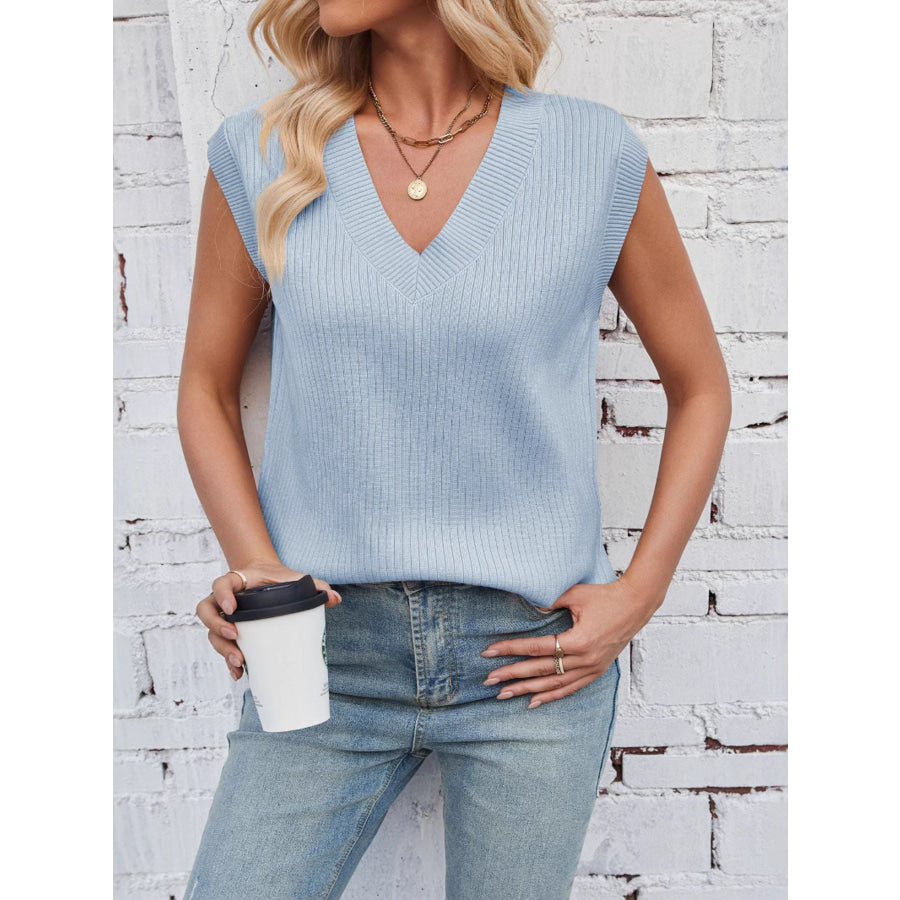 Casual V-Neck Knitted Sweater Vest Light Blue / S Apparel and Accessories