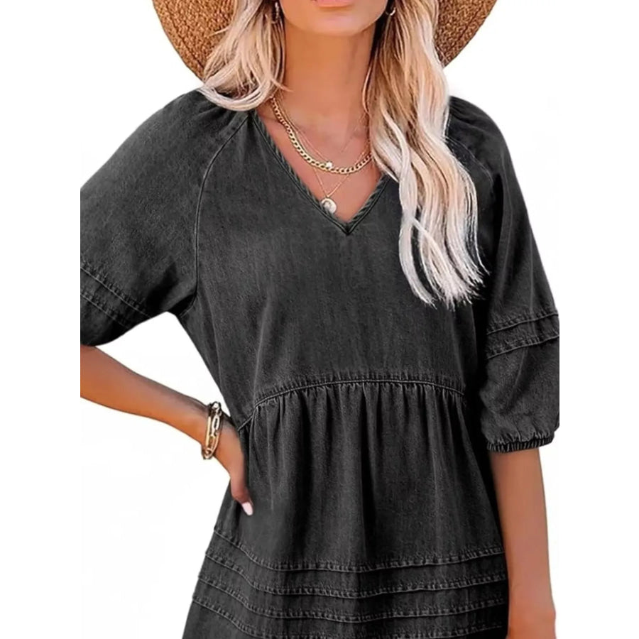 Casual V-Neck Puff Sleeve Denim Mini Dress Apparel and Accessories