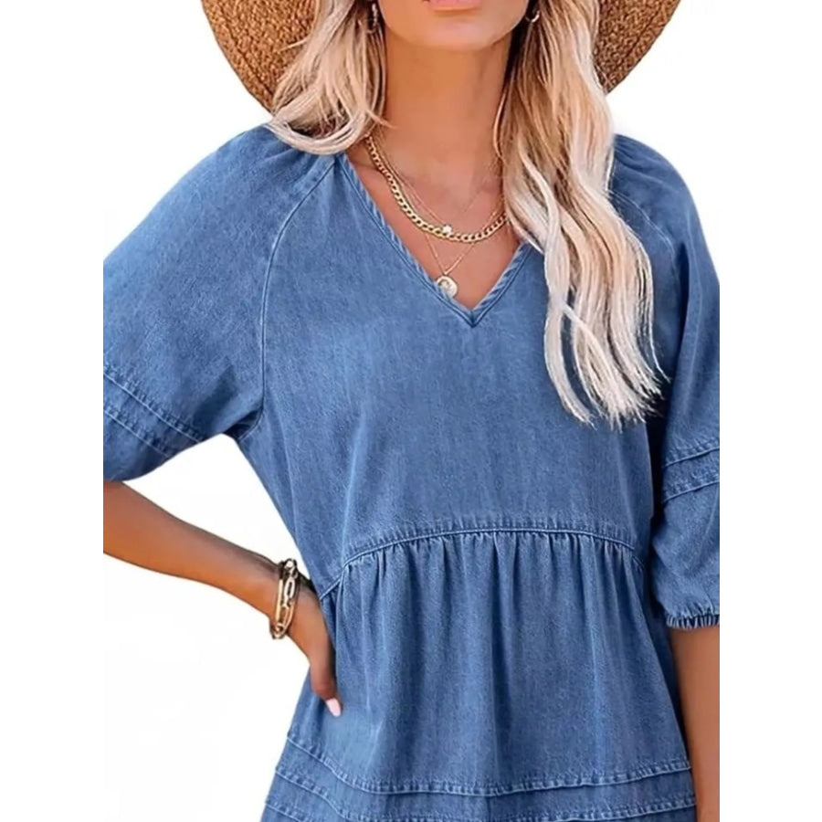 Casual V-Neck Puff Sleeve Denim Mini Dress Apparel and Accessories