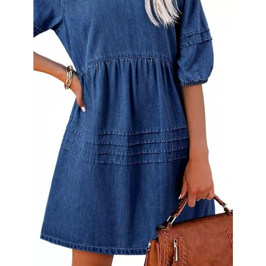 Casual V-Neck Puff Sleeve Denim Mini Dress Apparel and Accessories