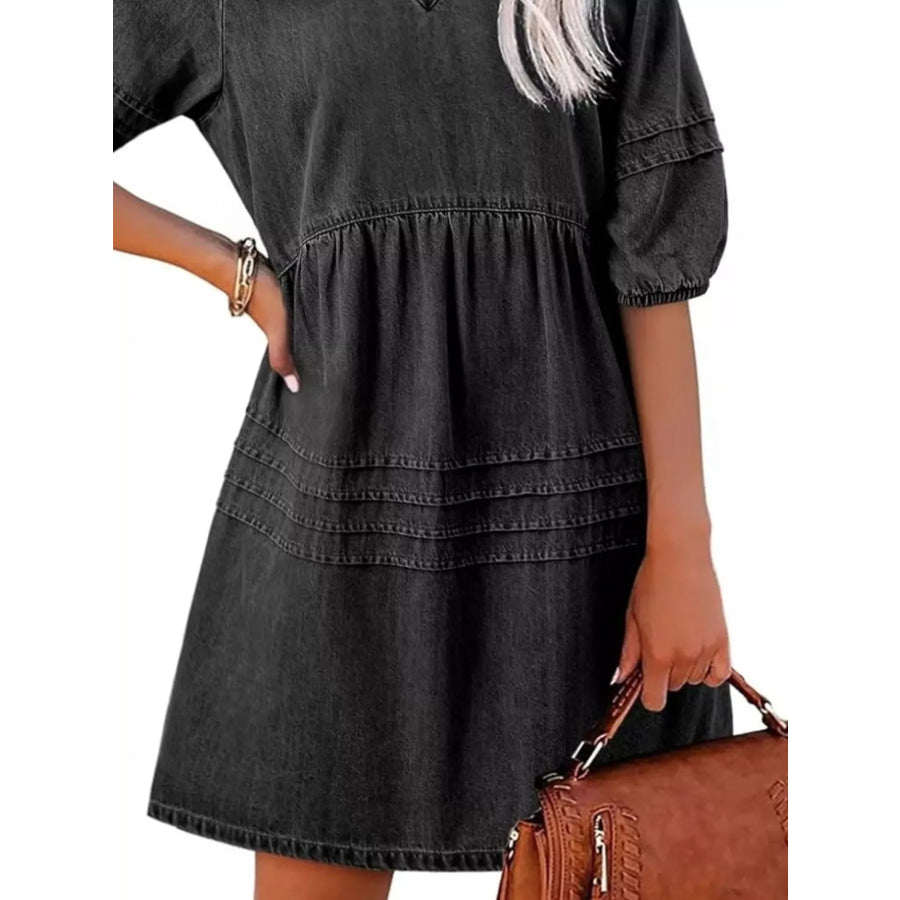 Casual V-Neck Puff Sleeve Denim Mini Dress Apparel and Accessories