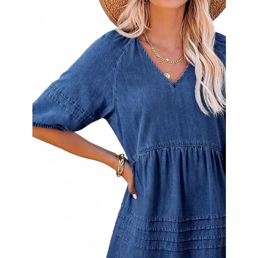 Casual V-Neck Puff Sleeve Denim Mini Dress Apparel and Accessories