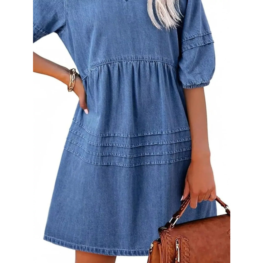 Casual V-Neck Puff Sleeve Denim Mini Dress Apparel and Accessories