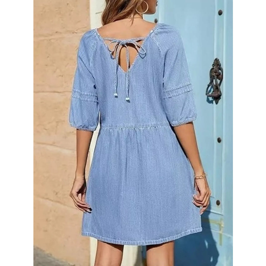 Casual V-Neck Puff Sleeve Denim Mini Dress Apparel and Accessories