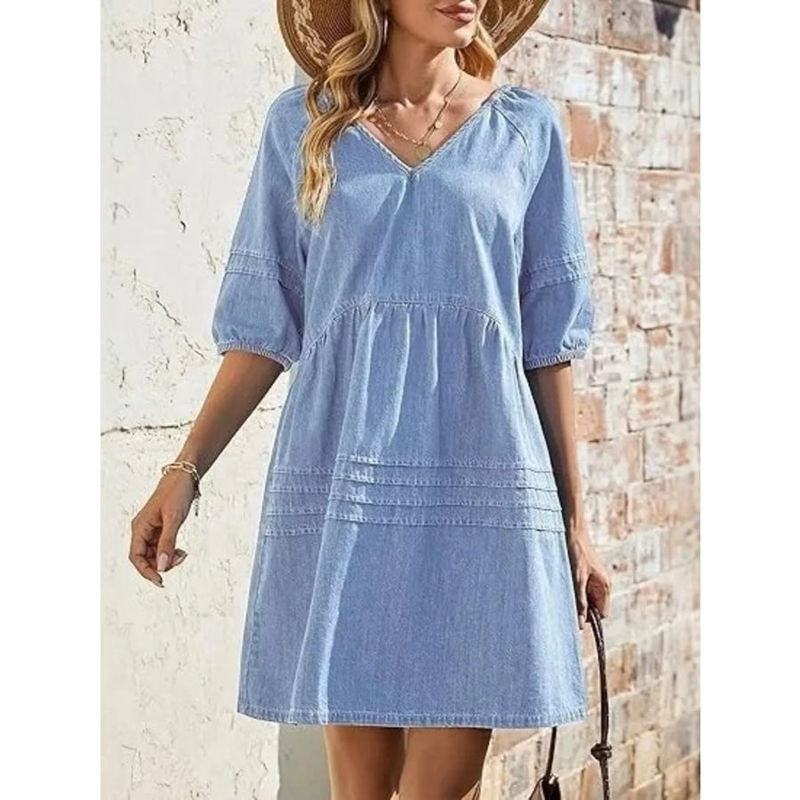 Casual V-Neck Puff Sleeve Denim Mini Dress Apparel and Accessories