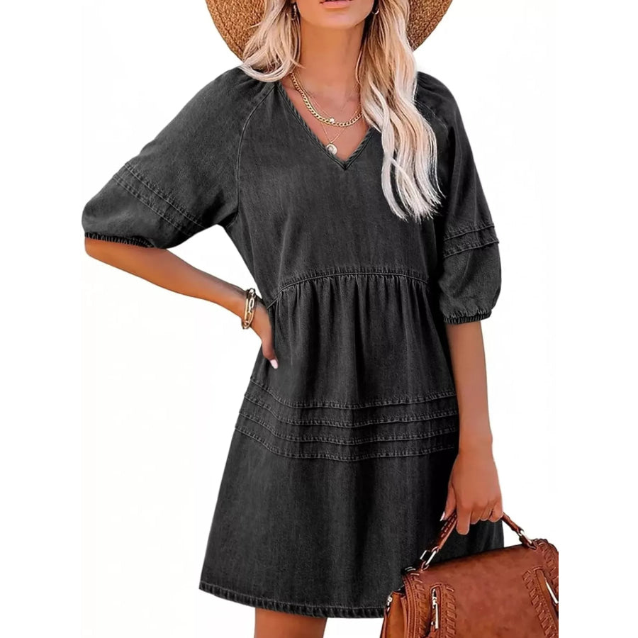 Casual V-Neck Puff Sleeve Denim Mini Dress Black / S Apparel and Accessories