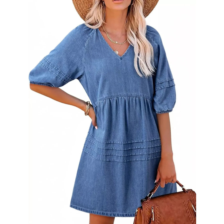 Casual V-Neck Puff Sleeve Denim Mini Dress Blue / S Apparel and Accessories