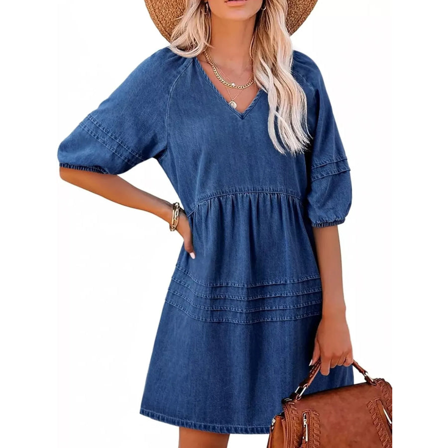 Casual V-Neck Puff Sleeve Denim Mini Dress Dark Blue / S Apparel and Accessories