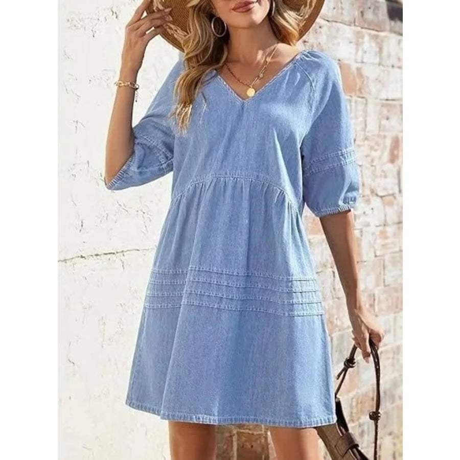 Casual V-Neck Puff Sleeve Denim Mini Dress Light Blue / S Apparel and Accessories