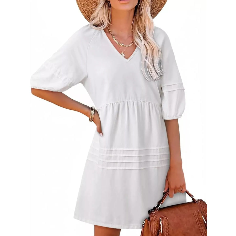 Casual V-Neck Puff Sleeve Denim Mini Dress White / S Apparel and Accessories