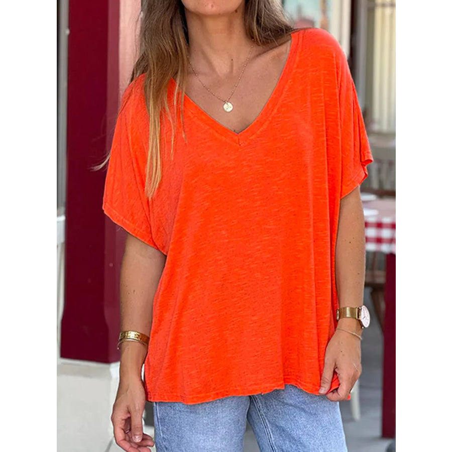 Casual V-Neck Relaxed Fit T-Shirt Orange-red / S Apparel and Accessories