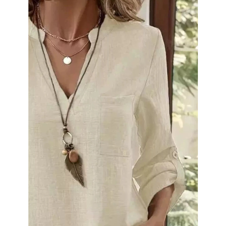 Casual V-Neck Roll-Sleeve T-Shirt with Pocket Apparel and Accessories