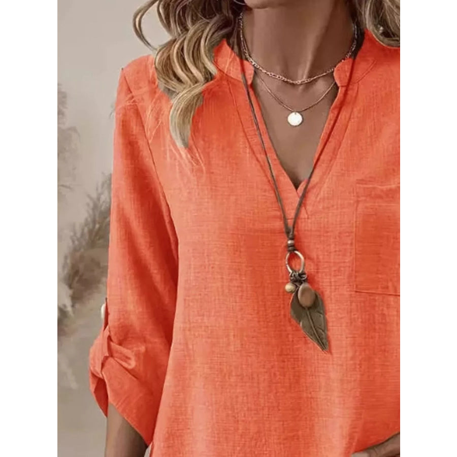 Casual V-Neck Roll-Sleeve T-Shirt with Pocket Apparel and Accessories
