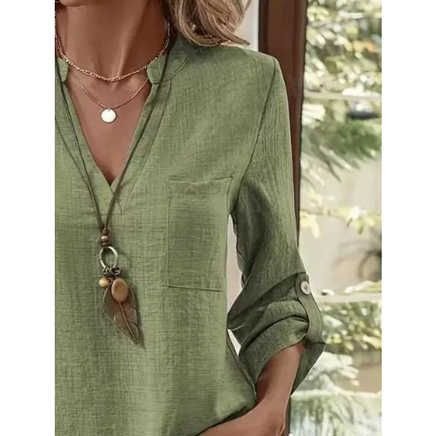 Casual V-Neck Roll-Sleeve T-Shirt with Pocket Apparel and Accessories