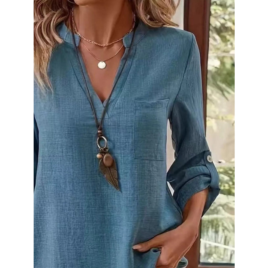 Casual V-Neck Roll-Sleeve T-Shirt with Pocket Apparel and Accessories