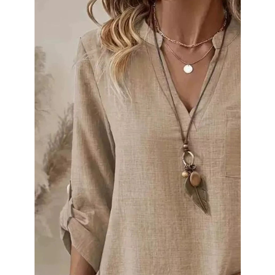 Casual V-Neck Roll-Sleeve T-Shirt with Pocket Apparel and Accessories