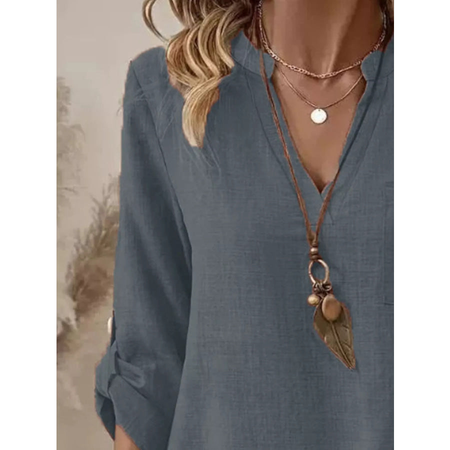 Casual V-Neck Roll-Sleeve T-Shirt with Pocket Apparel and Accessories