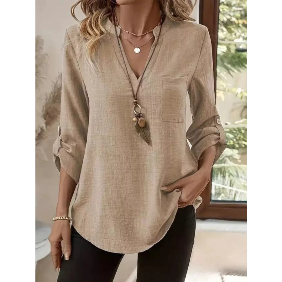 Casual V-Neck Roll-Sleeve T-Shirt with Pocket Khaki / S Apparel and Accessories