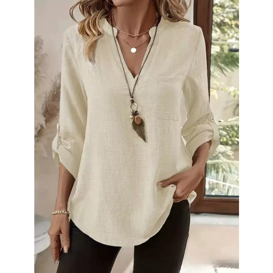 Casual V-Neck Roll-Sleeve T-Shirt with Pocket Off-white / S Apparel and Accessories