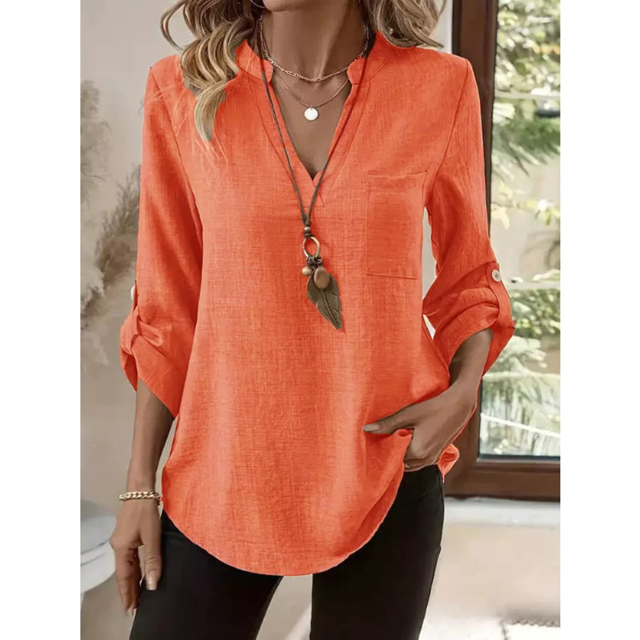 Casual V-Neck Roll-Sleeve T-Shirt with Pocket Orange / S Apparel and Accessories