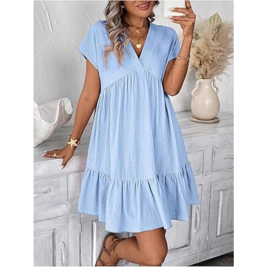 Casual V-Neck Ruffle Hem Flowy Mini Dress Apparel and Accessories
