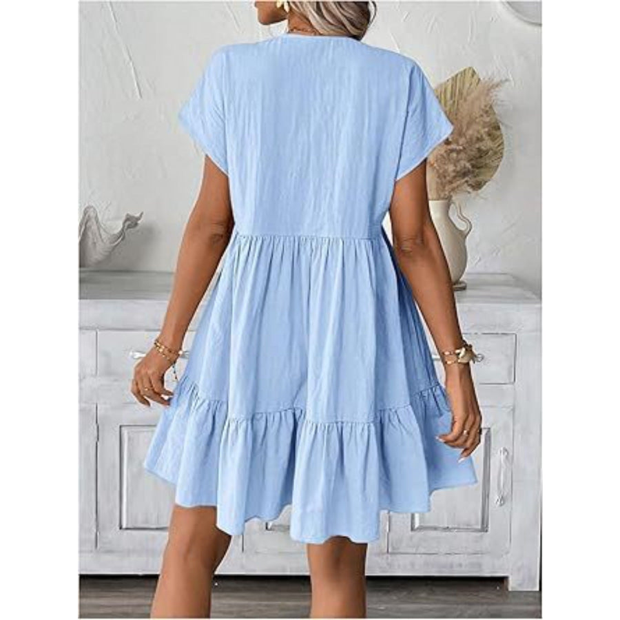 Casual V-Neck Ruffle Hem Flowy Mini Dress Light Blue / S Apparel and Accessories