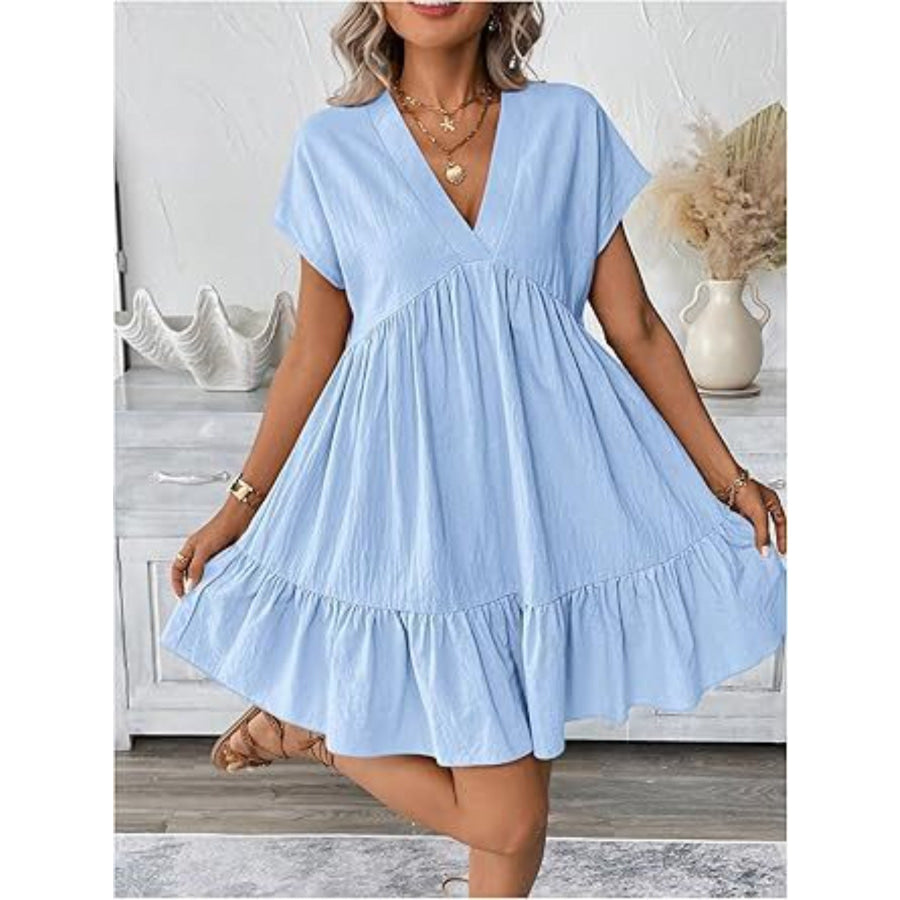 Casual V-Neck Ruffle Hem Flowy Mini Dress Light Blue / S Apparel and Accessories