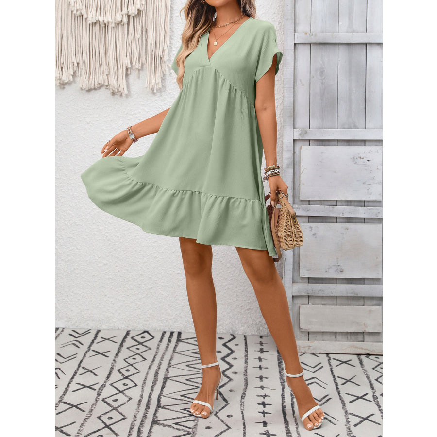 Casual V-Neck Ruffle Hem Mini Dress Apparel and Accessories