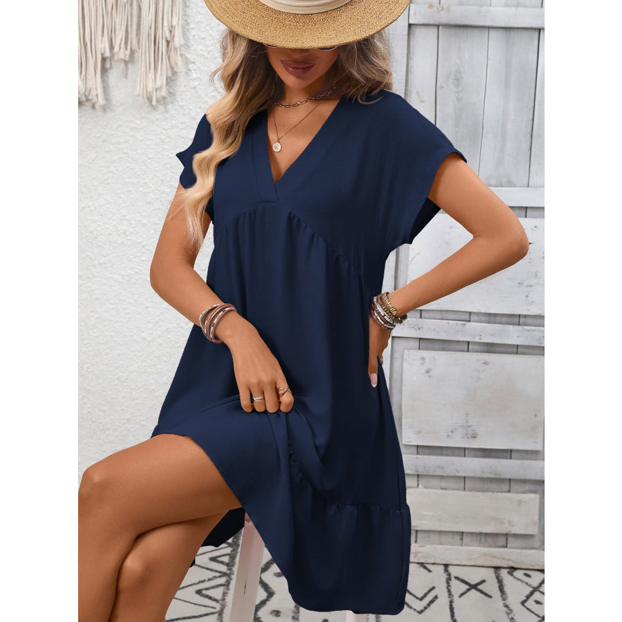 Casual V-Neck Ruffle Hem Mini Dress Apparel and Accessories