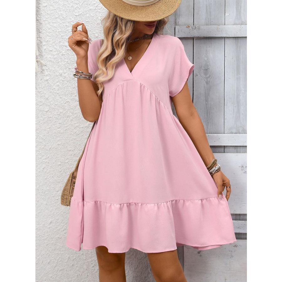 Casual V-Neck Ruffle Hem Mini Dress Apparel and Accessories