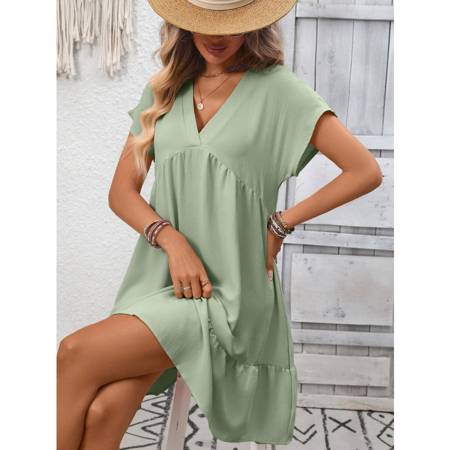 Casual V-Neck Ruffle Hem Mini Dress Apparel and Accessories