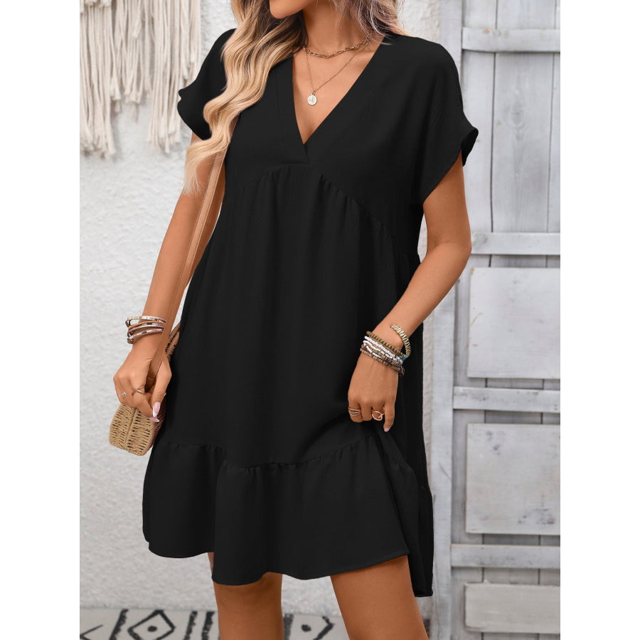 Casual V-Neck Ruffle Hem Mini Dress Apparel and Accessories