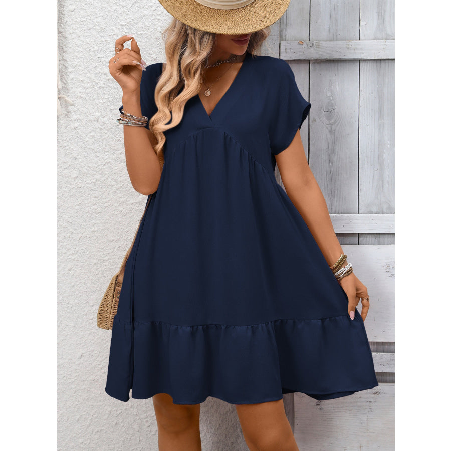 Casual V-Neck Ruffle Hem Mini Dress Apparel and Accessories