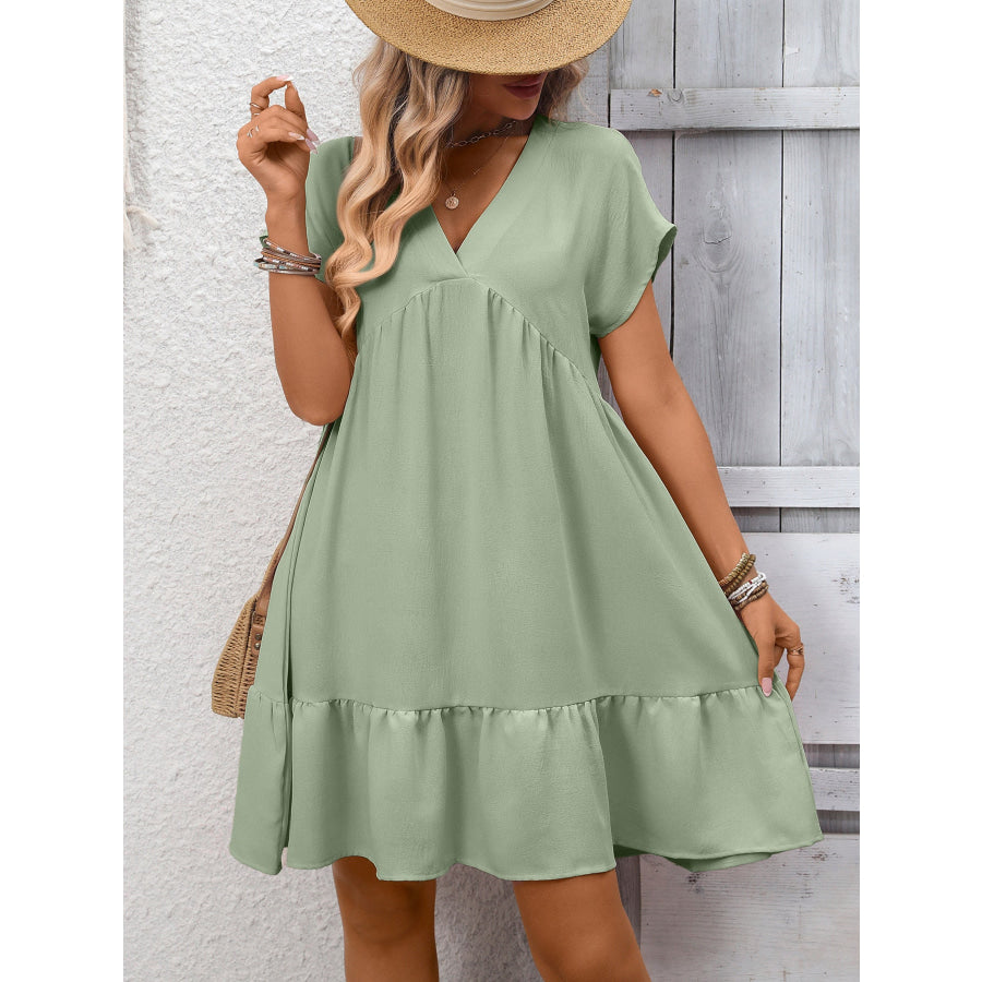 Casual V-Neck Ruffle Hem Mini Dress Apparel and Accessories