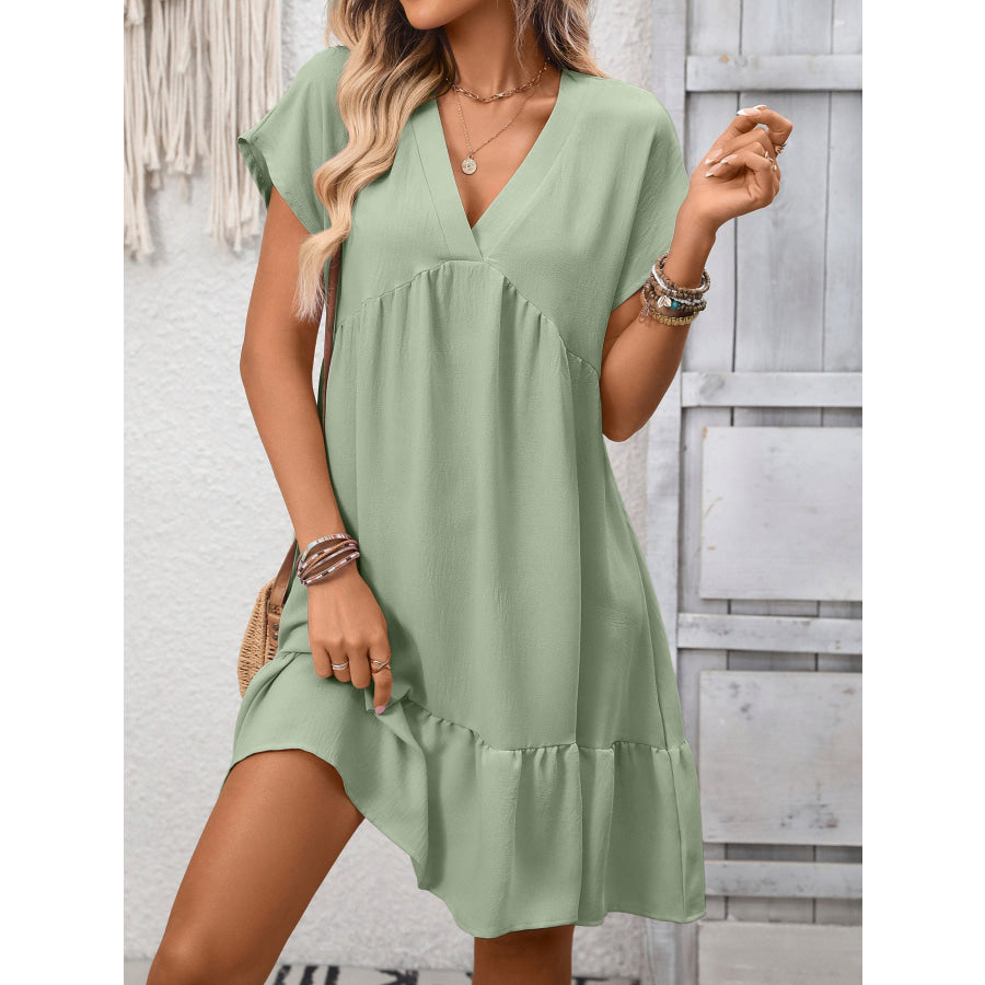 Casual V-Neck Ruffle Hem Mini Dress Apparel and Accessories