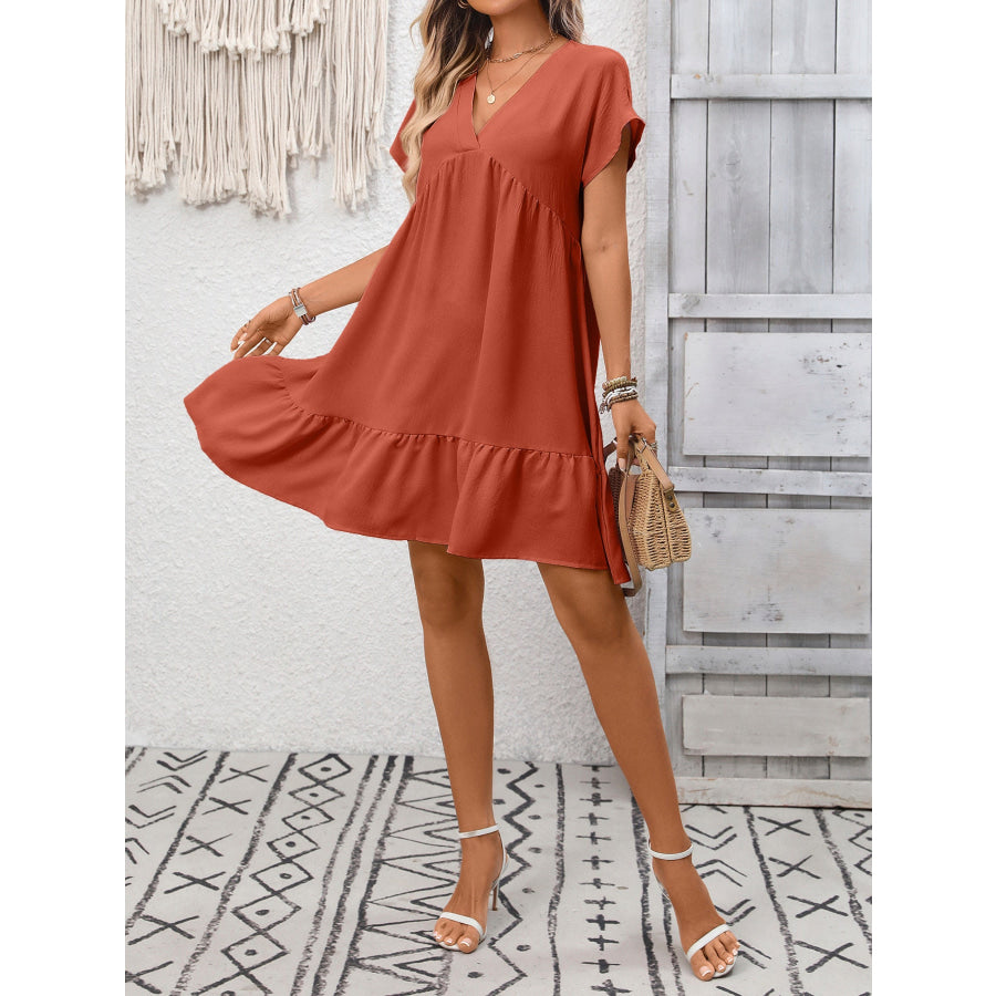 Casual V-Neck Ruffle Hem Mini Dress Apparel and Accessories