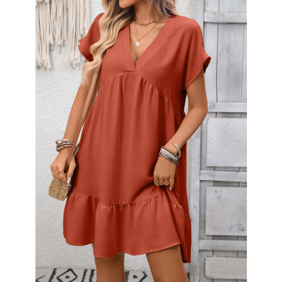 Casual V-Neck Ruffle Hem Mini Dress Apparel and Accessories