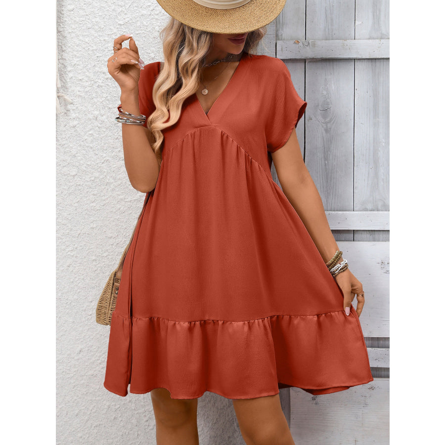 Casual V-Neck Ruffle Hem Mini Dress Apparel and Accessories
