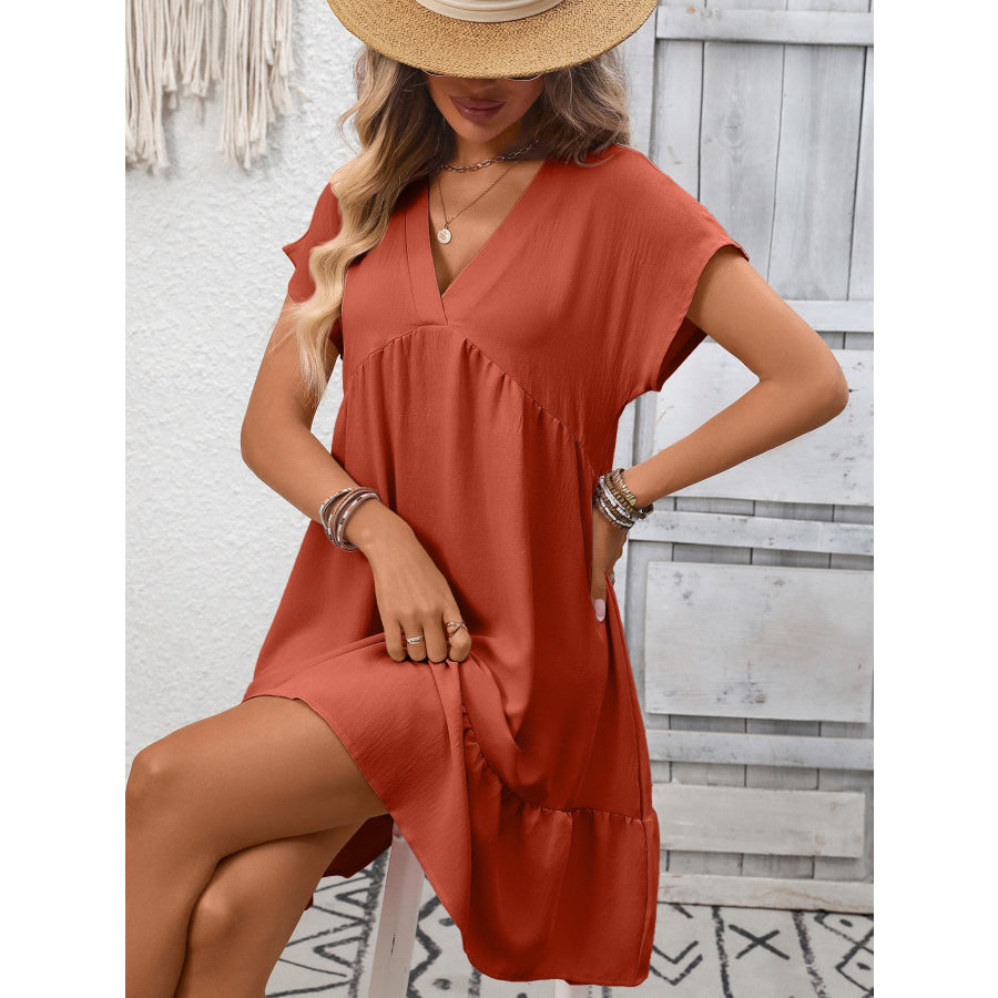 Casual V-Neck Ruffle Hem Mini Dress Apparel and Accessories