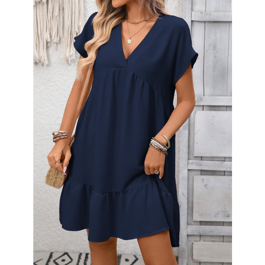 Casual V-Neck Ruffle Hem Mini Dress Apparel and Accessories
