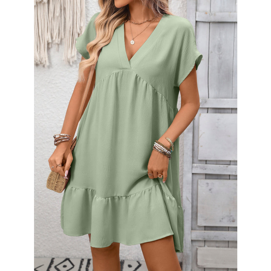 Casual V-Neck Ruffle Hem Mini Dress Bean Green / S Apparel and Accessories