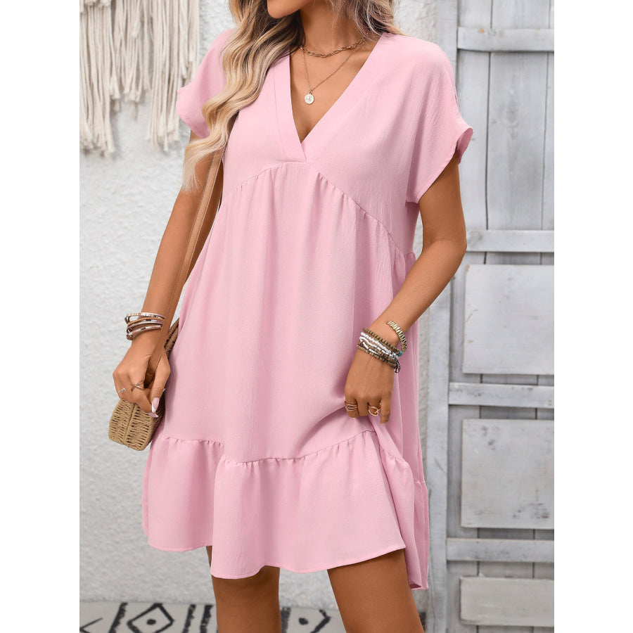 Casual V-Neck Ruffle Hem Mini Dress Pink / S Apparel and Accessories