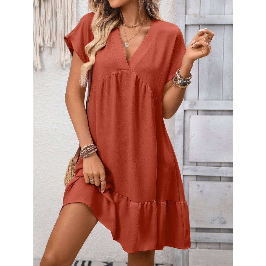 Casual V-Neck Ruffle Hem Mini Dress Rust Red / S Apparel and Accessories