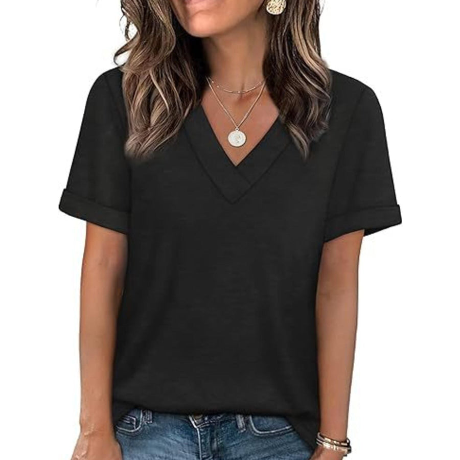 Casual V-Neck Short Sleeve T-Shirt Black / S Apparel and Accessories
