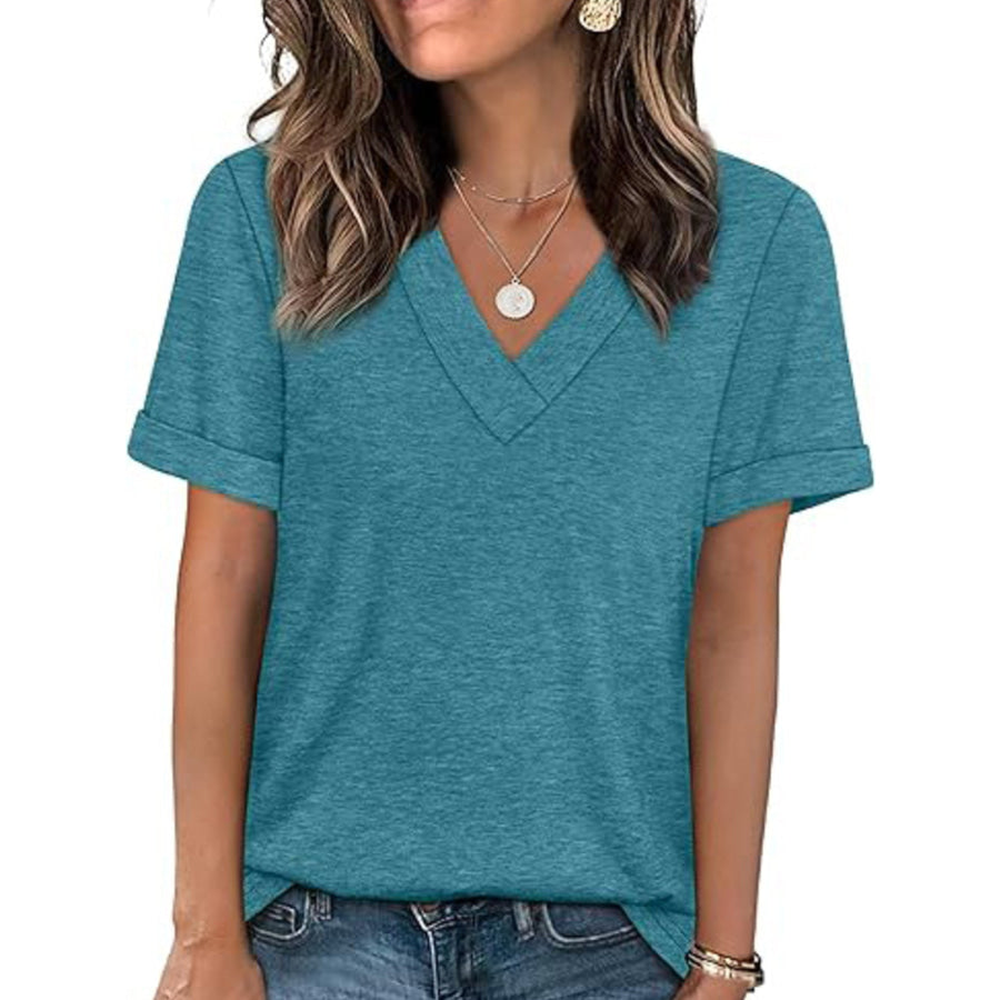 Casual V-Neck Short Sleeve T-Shirt Blue-green / S Apparel and Accessories