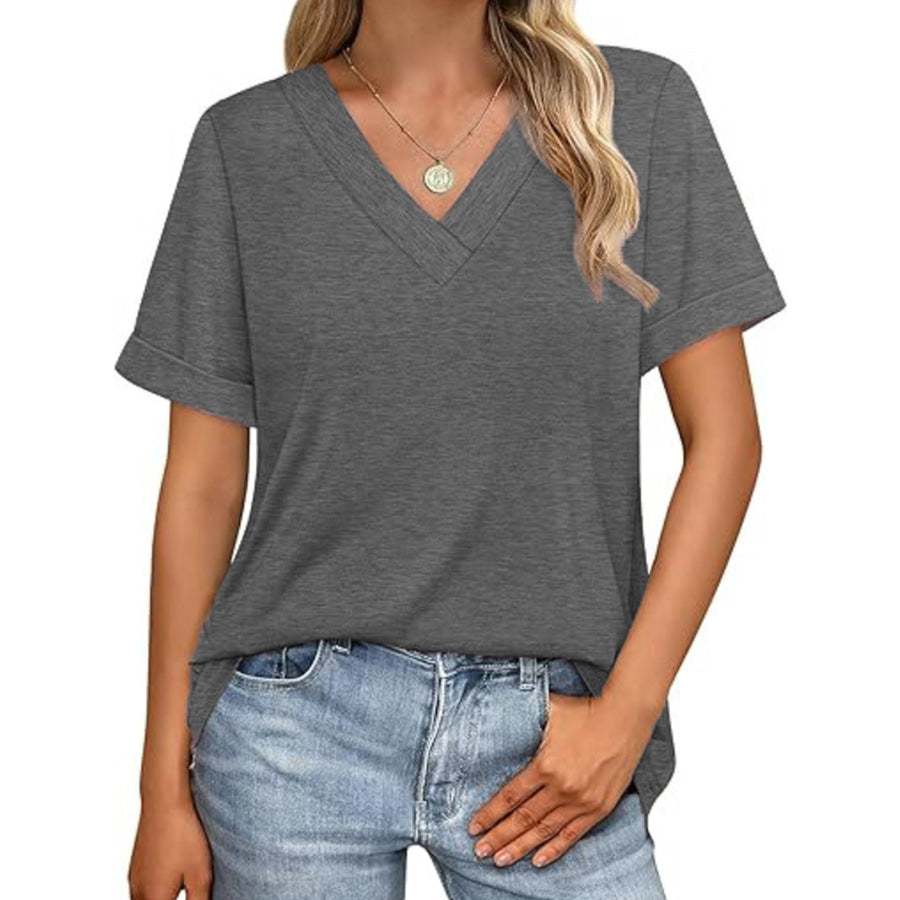 Casual V-Neck Short Sleeve T-Shirt Dark Gray / S Apparel and Accessories